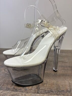 Pleaser Clear Platform Heels White & Transparent Ankle Strap Sandals Size 9